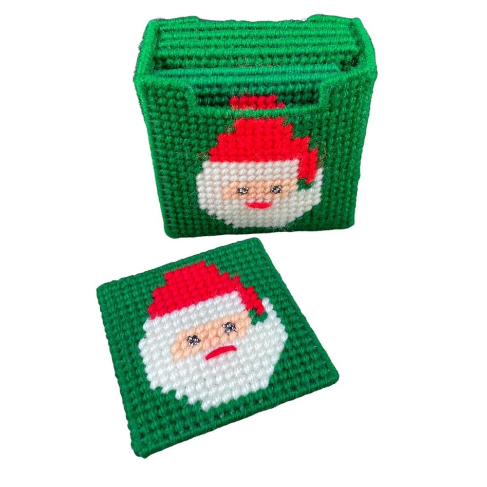 Vtg Handmade Plastic Canvas Santa Christmas Coaster Needlepoint Set of 7 READ